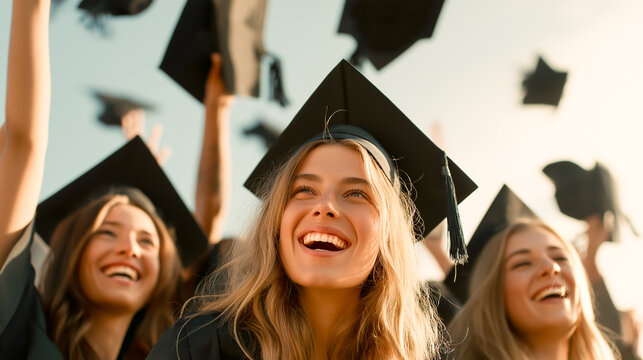 friends celebrating graduation caps thrown in air