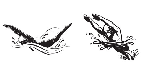 Dynamic Black and White Illustrations of Competitive Swimmers Diving and Swimming