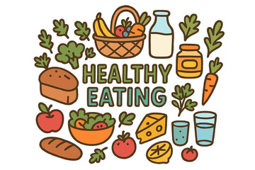 Colorful Healthy Eating Doodles. Healthy Eating. Hand-drawn doodle illustration of Healthy Eating. Basket of