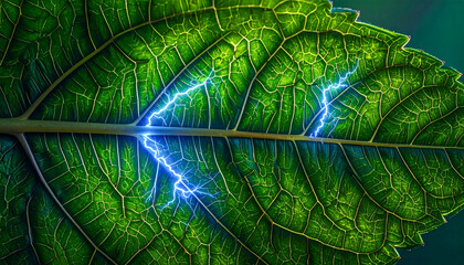 Nature's Energy: A Vibrant Green Leaf with its Veins Pulsating and Glowing Like Lightning