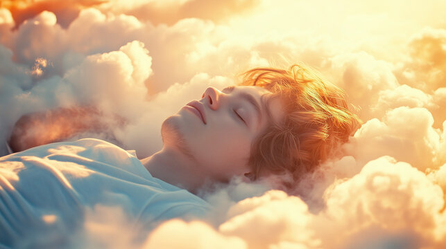 
A person lying comfortably on soft clouds, relaxation, calm concept