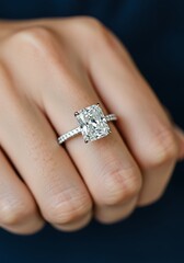 Fototapeta premium Elegant diamond engagement ring on a womans hand against a dark background