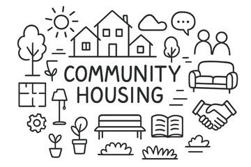 Naklejka premium Community Housing Doodle. Community Housing. Hand-drawn doodle illustration of Community Housing. Houses, tree