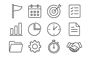 Project Milestone Icons. Project milestones. Line outline icon set of project milestones: flag, calendar,