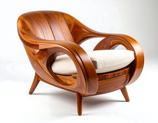 Organic wood armchair with curved lines,  off-white cushion
