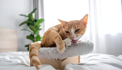 Orange tabby cat grooming itself on a small wooden pet bed on a white bed