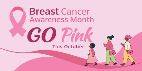 Join the fight against breast cancer this October, go pink and raise awareness with this vibrant supportive message featuring diverse women walking together.