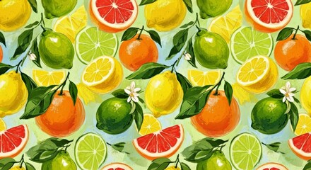 Obraz premium Vibrant Impressionistic Brushwork: Fresh Citrus Fruits Seamless Pattern