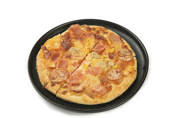 Italian Pizza with Bacon and Sausage Toppings in Cast Iron Pan on White Background