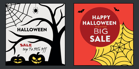 Spooky Halloween sale notifications featuring pumpkins, spiders, webs, and bats with big savings