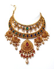 Ornate gold necklace with red, blue, and green gemstones and pearls