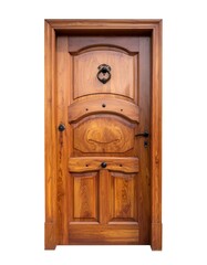 Ornate wooden door, rich brown tones, featuring carved panels and black metal hardware