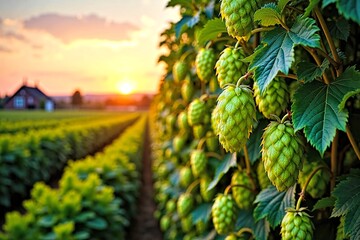 Green Grapes on Vine at Sunset with Field and House in Background