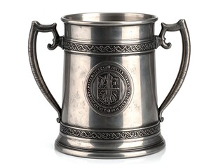Ornate pewter tankard with two handles and embossed crest