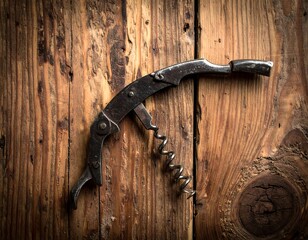 Rustic, aged corkscrew on weathered wood