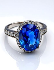 Oval blue gemstone ring with halo and band accents
