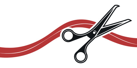 Dynamic scissors poised to cut flowing red ribbon symbolizing grand opening celebration or project commencement