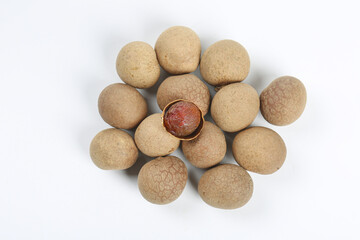 Longan Tropical Fruit from Putian China - Fresh Exotic Asian Fruit with Sweet Flesh Arranged on White Background