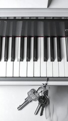 Overhead view of piano keys and keys on a marble surface