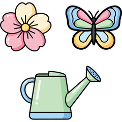 Colorful spring icons Flower, butterfly, and watering can illustrations for garden design and nature themes.