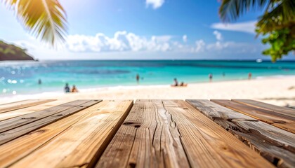 Naklejka premium Wooden deck overlooking a beautiful tropical beach scene.