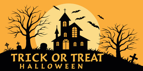 Spooky haunted house with bats and tombstones creates the perfect Halloween vibe for your festive decorations and party invitations