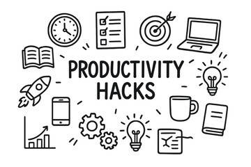 Productivity Doodle Elements. Productivity hacks. Hand-drawn doodle illustration of Productivity hacks. Clock,