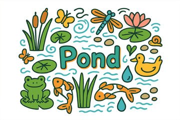 Pond Doodle Illustration. Pond. Hand-drawn doodle illustration of Pond. lily pad, koi fish, frog, cattails,