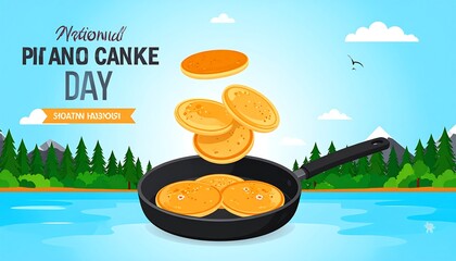 Pancakes flipping in a pan by a lake, celebrating a day