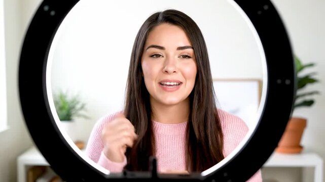Influencer Vlogging at Home Studio - A young woman with long brown hair is seen through a ring light, smiling at the camera.