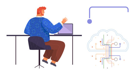 Person sitting at desk using laptop with a connected cloud system, showcasing digital network flow. Ideal for remote work, technology, innovation, cloud computing, big data, IT, and connectivity