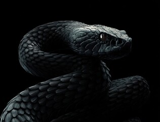 Fototapeta premium A close-up shot of a dark-colored snake coiled, showcasing its scales and intense gaze against a black backdrop.