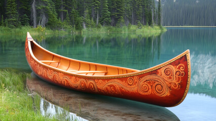 Canoe sits by turquoise lake, limestone cliff, pine trees, clear water, scenic peaceful day, nature travel destination, outdoor summer.