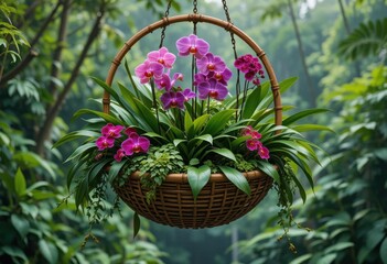 Exotic Suspended Garden  Vivid Orchids and Rich Greenery Housed in a Bamboo Basket with a Tropical Rainforest Vista.