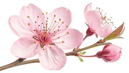 Delicate pink cherry blossom flowers and buds on a branch Cutout PNG isolated on a transparent background