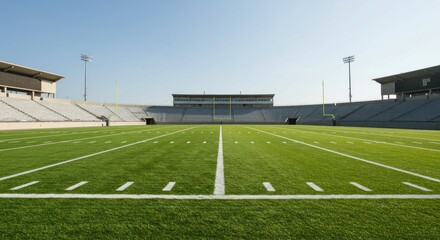 Wide, symmetrical view of an empty football stadium field under a clear, bright blue sky.