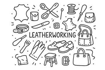 Leatherworking Doodle Sketch. Leatherworking. Hand-drawn doodle illustration of Leatherworking. Leather hide,