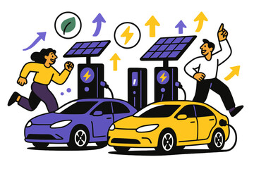 Naklejka premium Solar-Powered Electric Cars. Green transportation. Electric cars charging at glowing solar-powered stations