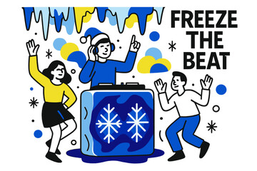 Obraz premium Freeze the Beat. Frost-themed party with icicles and snow-inspired decorations. Abstract DJ booth shaped like