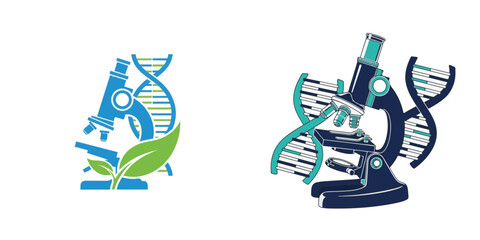 Two Scientific Illustrations Featuring Microscopes, DNA Helices, and a Leaf Symbolizing Biotechnology Research