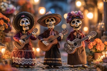 Colorful Día de los Muertos celebration with animated skeleton mariachi band playing guitars in traditional outfits, festive flowers, and vibrant Mexican culture