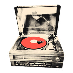 Art collage cut out of halftone vintage turntable player with red vinyl record. Sticker with dotted texture. Modern retro mixed media vector illustration isolated on transparent background