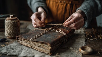 Timeless Craft: Intimate view of aged hands carefully binding an antique book, weaving rustic twine, and embodying history. 