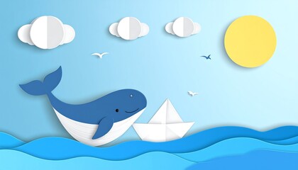 Paper art whale and boat in ocean scene