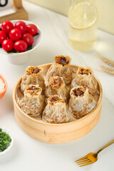Chinese Siu Mai Dumplings with Pork Mushroom Glutinous Rice in Bamboo Steamer Traditional Dim Sum