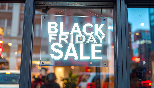 Black Friday sale sign glows brightly in a store window, advertising discounts and promotions during the shopping season, creating excitement and anticipation.
