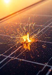 Solar panel fire sparks water droplets flames