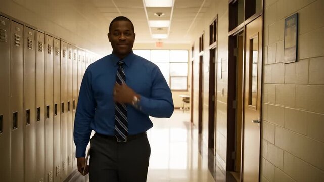Principal Walking School Hallway - A male school principal in a blue shirt and tie walks down a school hallway during class hours. Lockers and classroom doors are visible along the hallway.