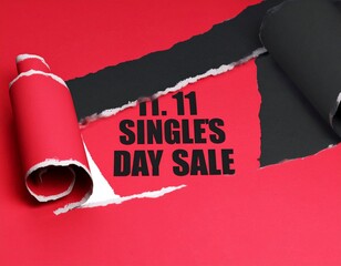 Bold promotional banner featuring a ripped paper effect on a red and black background, revealing a major shopping festival and discount sale event on November 11th