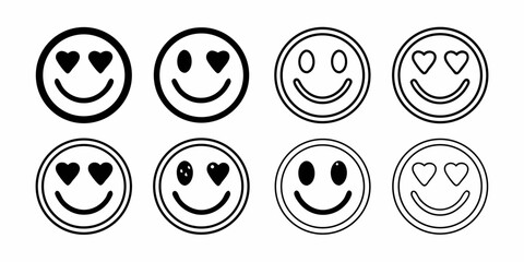 Collection of eight different smiley faces with varying eye styles and line thicknesses in black and white
